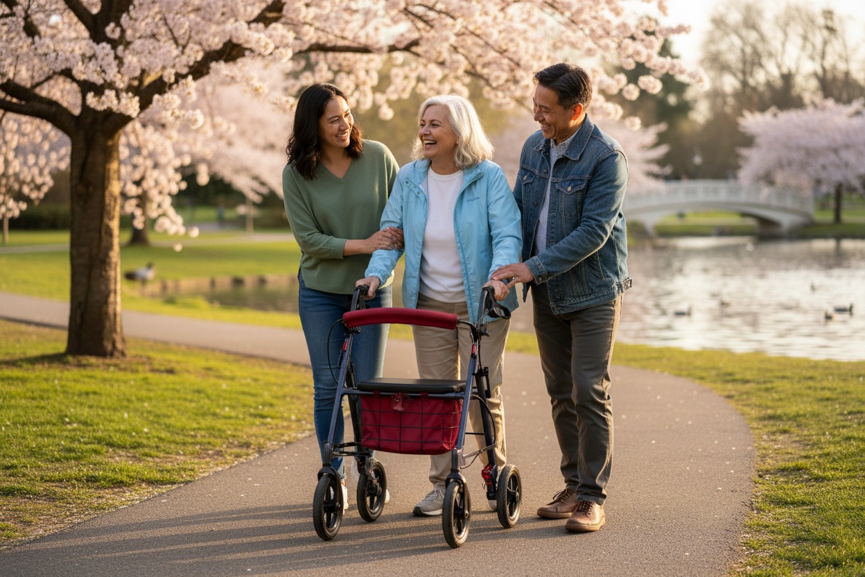 adult daughter and son in law supporting senior mother with walker outdoors