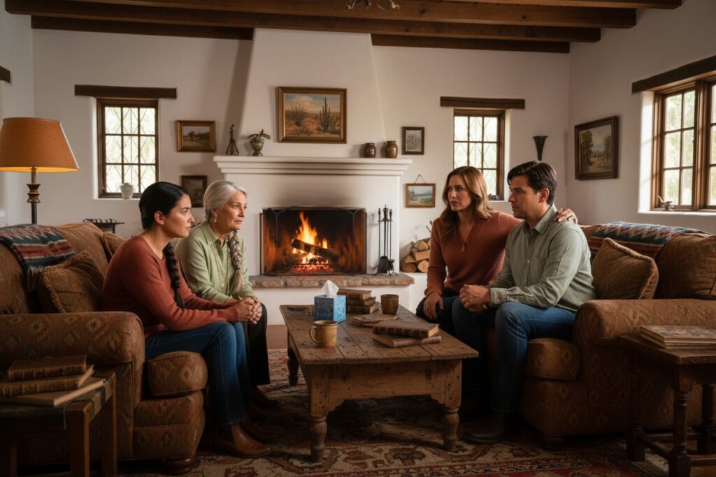 Family sitting together in a living room discussing care plans for an older relative3