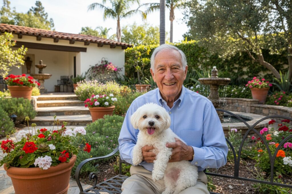 Elderly father smiling with his small maltese dog, showing the companionship pets for seniors can bring