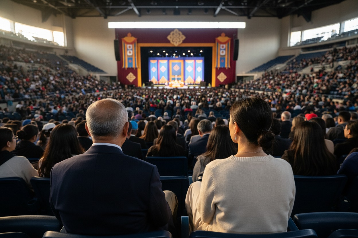 Asian senior father and adult daughter listening to Dalai Lama speak about compassion and caring for aging parents