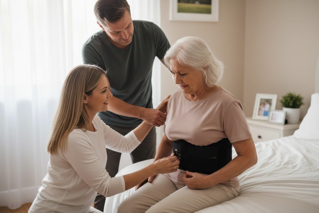 adult daughter and son in law assisting senior mother with back brace while she sits on bed