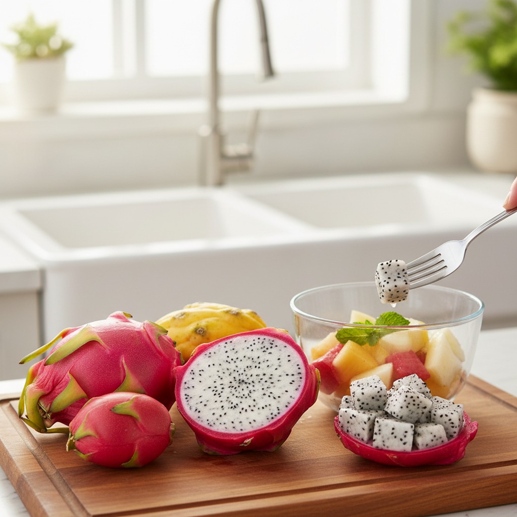 sliced dragon fruit on a wooden cutting board for a senior friendly recipe