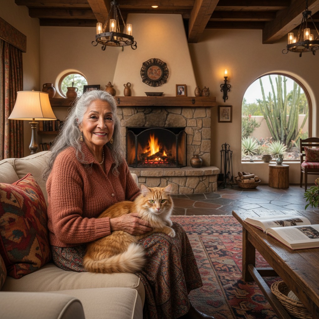 Elderly woman sitting peacefully with her cat on her lap, one of the best low maintenance pets for seniors