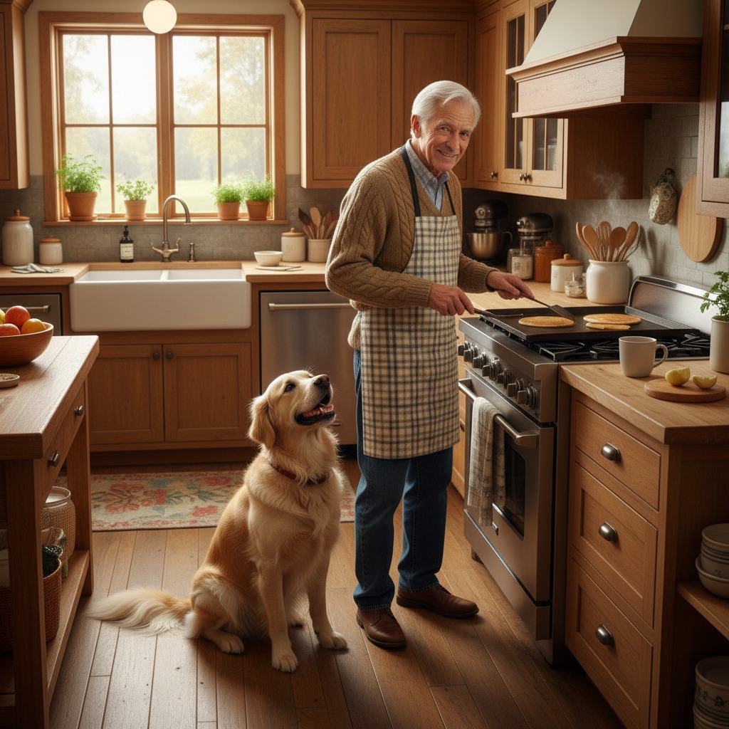 Elderly man carefully flipping pancakes at a kitchen counter while a golden-yellow Labrador retriever sits attentively on the floor beside him.